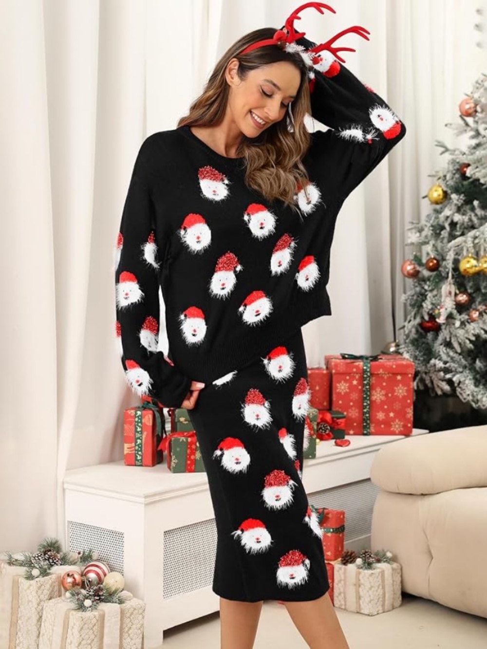 Christmas Santa Sweater & Skirt Set XL Black Fuzzy Sparkle Wool Blend 2 Piece